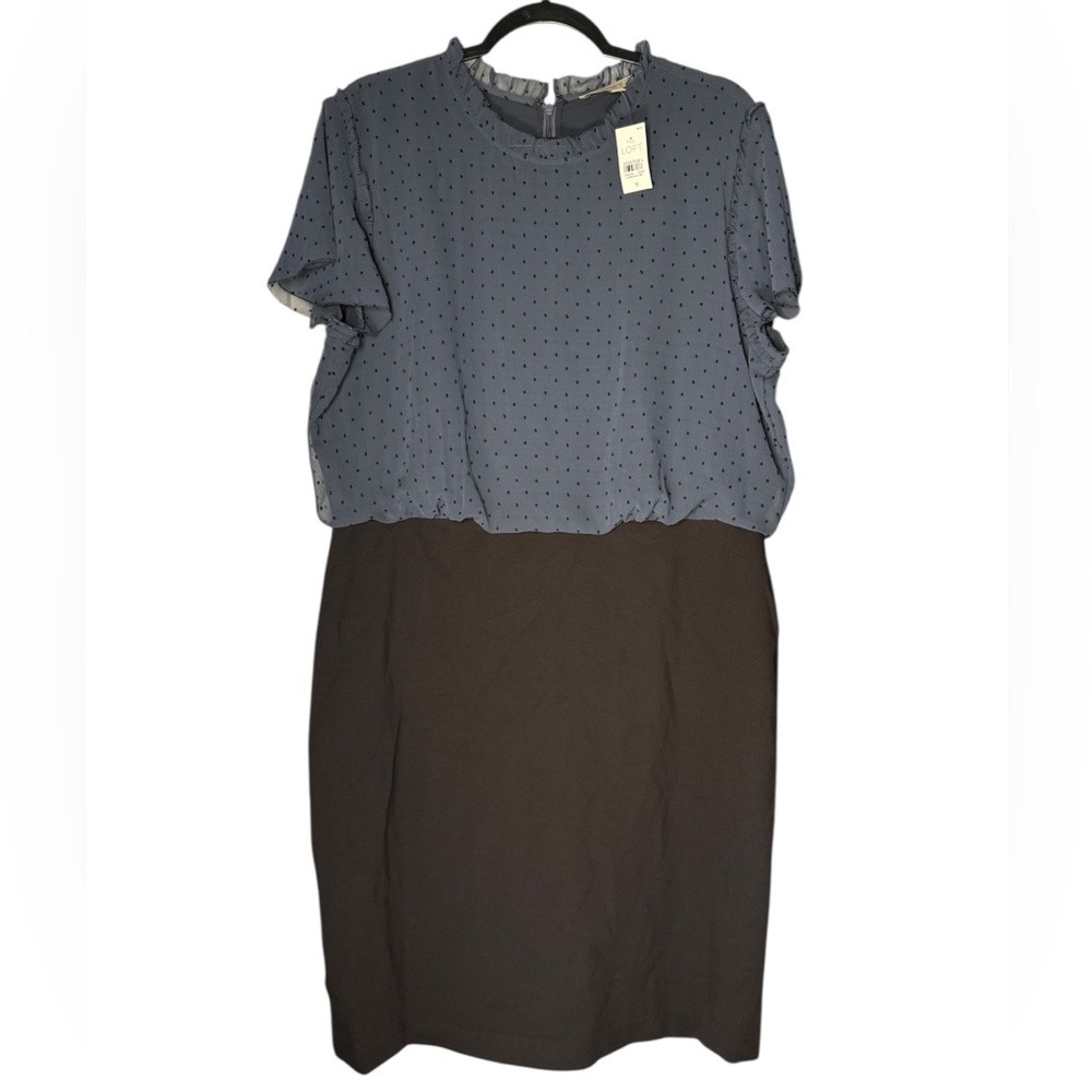LOFT Midi Dress Plus Sz 18 Polka Dot Blue Black Short Sleeve Career Business NWT